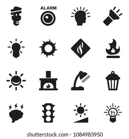Set of vector isolated black icon - brainstorm vector, fire, sun, garden light, traffic, torch, brightness, desk lamp, fireplace, smoke detector, bulb, energy saving, alarm led, shining head, idea