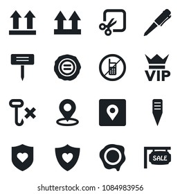 Set of vector isolated black icon - no mobile vector, vip, pen, stamp, plant label, heart shield, up side sign, hook, cut, place tag, sale