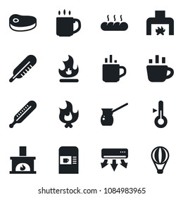 Set of vector isolated black icon - hot cup vector, coffee machine, fire, thermometer, fireplace, bread, steak, turkish, air conditioner, balloon