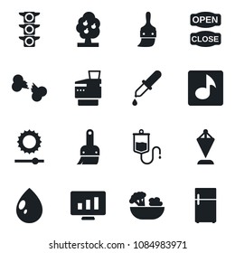 Set of vector isolated black icon - pennant vector, statistic monitor, water drop, dropper, broken bone, traffic light, themes, brightness, music, copier, fruit tree, salad, open close, fridge