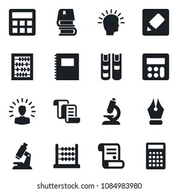 Set of vector isolated black icon - contract vector, abacus, microscope, calculator, notes, copybook, ink pen, book, shining head