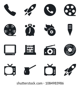Set of vector isolated black icon - alarm clock vector, phone, tv, abacus, plant label, reel, vinyl, flame disk, radio, call, turkish coffee, rocket