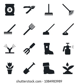Set of vector isolated black icon - flower in pot vector, garden fork, shovel, farm, rake, pruner, boot, hoe, sprayer, fertilizer, irrigation