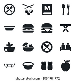 Set of vector isolated black icon - spoon and fork vector, picnic table, cafe, menu, salad, salt pepper, hamburger, bowl, sushi, apple fruit