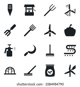 Set of vector isolated black icon - garden fork vector, farm, rake, well, sickle, plant label, pumpkin, greenhouse, sprayer, fertilizer, drip irrigation, windmill