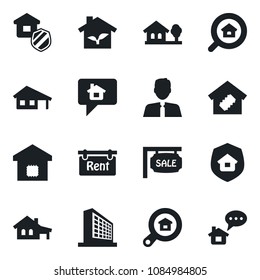 Set of vector isolated black icon - office building vector, house with garage, tree, sale, rent, estate search, agent, smart home, insurance, eco, message