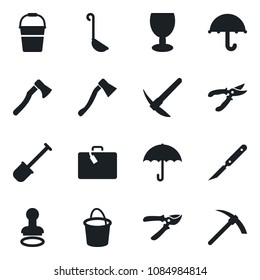 Set of vector isolated black icon - suitcase vector, stamp, shovel, bucket, pruner, axe, scalpel, fragile, umbrella, ladle, hard work