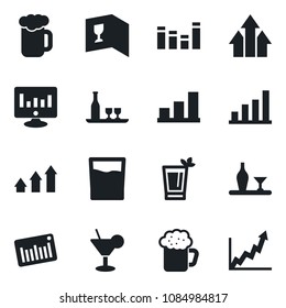 Set of vector isolated black icon - statistic monitor vector, barcode, equalizer, bar graph, alcohol, wine card, drink, cocktail, phyto, beer, arrow up, growth
