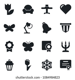 Set of vector isolated black icon - pennant vector, butterfly, heart, tulip, bell, sertificate, desk lamp, cushioned furniture, restaurant table, candle, snowflake, outdoor, certificate