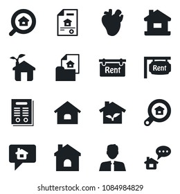 Set of vector isolated black icon - house vector, real heart, contract, estate document, rent, search, agent, eco, home message