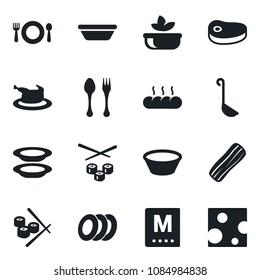 Set of vector isolated black icon - spoon and fork vector, cafe, menu, salad, plates, bacon, bread, chicken, steak, ladle, bowl, sushi, cheese