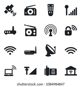 Set of vector isolated black icon - wireless notebook vector, office phone, satellite antenna, radio, remote control, cellular signal, lock, router, garage gate