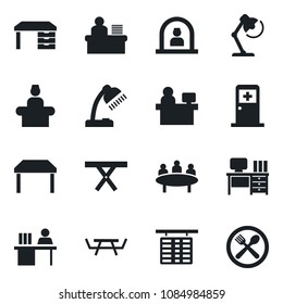 Set of vector isolated black icon - reception vector, flight table, medical room, desk, meeting, manager place, picnic, lamp, cafe