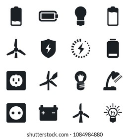 Set of vector isolated black icon - bulb vector, battery, low, protect, charge, desk lamp, windmill, socket, idea