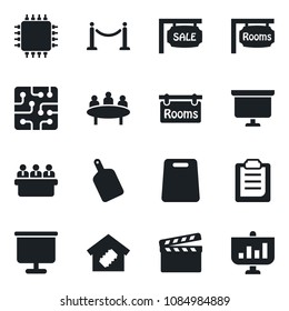 Set of vector isolated black icon - fence vector, presentation board, meeting, clapboard, clipboard, sale, rooms, smart home, cutting, chip