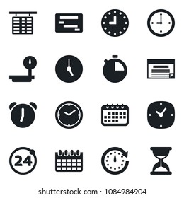 Set of vector isolated black icon - 24 around vector, flight table, calendar, clock, heavy scales, alarm, stopwatch, schedule, sand