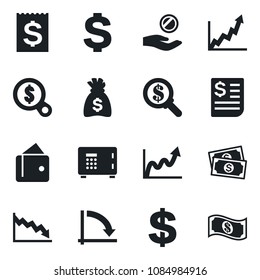 Set of vector isolated black icon - safe vector, dollar sign, money bag, crisis graph, cash, receipt, wallet, growth, search, investment