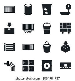 Set of vector isolated black icon - trash bin vector, checkroom, bucket, watering, truck trailer, cargo container, consolidated, package, oil barrel, heavy scales, railroad