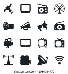 Set of vector isolated black icon - satellite antenna vector, radio, loudspeaker, tv, video camera, wireless