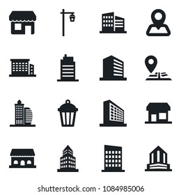 Set of vector isolated black icon - office building vector, garden light, navigation, city house, cafe, storefront