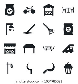 Set of vector isolated black icon - cafe vector, ladder car, rake, sickle, garden light, picnic table, fertilizer, bike, alcove, outdoor lamp
