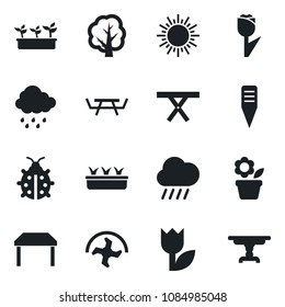 Set of vector isolated black icon - sun vector, flower in pot, ripper, tree, lady bug, seedling, rain, plant label, picnic table, tulip