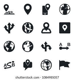 Set of vector isolated black icon - route vector, navigation, earth, pin, mobile tracking, network, place tag, flag