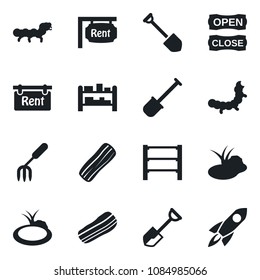 Set of vector isolated black icon - job vector, garden fork, shovel, caterpillar, pond, rack, rent, bacon, open close, rocket