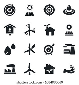 Set of vector isolated black icon - factory vector, bird house, target, sun panel, windmill, eco, water, palm sproute