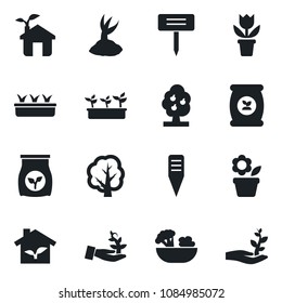 Set of vector isolated black icon - flower in pot vector, tree, sproute, seedling, plant label, fertilizer, fruit, salad, eco house, palm