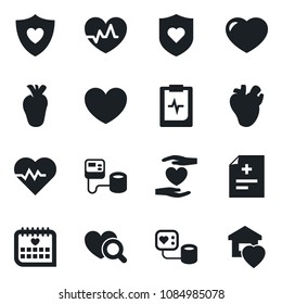 Conjunto de ícono negro vectorial aislado - vector del corazón, pulso, diagnóstico, presión sanguínea, diagnóstico, escudo, mano, real, calendario médico, portapapeles, hogar dulce