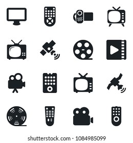 Set of vector isolated black icon - reel vector, satellite, tv, video camera, remote control, monitor