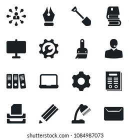 Set of vector isolated black icon - hierarchy vector, job, settings, themes, root setup, presentation board, ink pen, support, paper binder, desk lamp, tray, notebook pc, pencil, contract, book