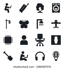 Set of vector isolated black icon - suitcase vector, male, job, tree, butterfly, garden light, headphones, user, washer, restaurant table, chip, outdoor lamp, office chair, man with notebook