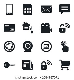 Set of vector isolated black icon - no laptop vector, mail, news, network, touch screen, mobile, message, sim, video, key, home control, wireless lock, web camera, cart