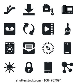 Set of vector isolated black icon - escalator vector, washer, cell phone, back, update, themes, mail, record, download, compass, lock, video, home control, intercome, alarm led, social media
