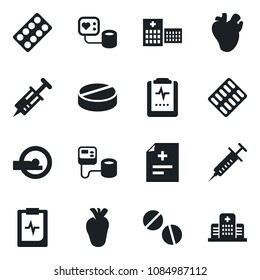 Set of vector isolated black icon - diagnosis vector, syringe, blood pressure, pills, blister, tomography, real heart, pulse clipboard, hospital