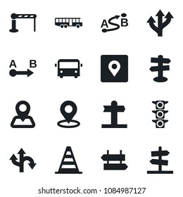 Set of vector isolated black icon - airport bus vector, barrier, signpost, border cone, route, navigation, traffic light, place tag, guidepost