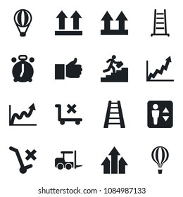 Set of vector isolated black icon - elevator vector, alarm clock, fork loader, ladder, up side sign, no trolley, finger, career, arrow graph, growth, air balloon