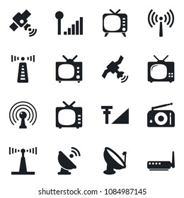 Set of vector isolated black icon - antenna vector, satellite, radio, tv, cellular signal, router