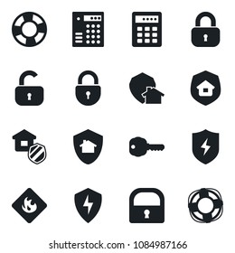 Set of vector isolated black icon - lock vector, flammable, protect, key, estate insurance, home, combination, crisis management