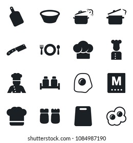 Set of vector isolated black icon - cook vector, cafe, hat, menu, salt and pepper, bowl, cutting board, knife, steaming pan, omelette