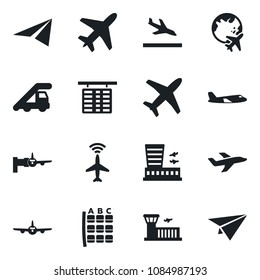 Set of vector isolated black icon - plane vector, radar, arrival, ladder car, boarding, seat map, flight table, globe, airport building, paper