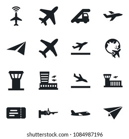 Set of vector isolated black icon - plane vector, airport tower, radar, departure, arrival, ticket, ladder car, boarding, globe, building, paper