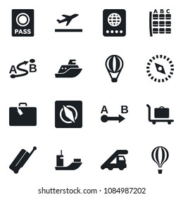 Set of vector isolated black icon - suitcase vector, departure, baggage trolley, passport, ladder car, seat map, sea shipping, route, compass, air balloon
