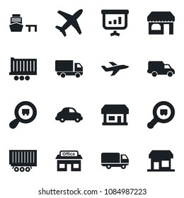 Set of vector isolated black icon - shop vector, store, plane, truck trailer, car delivery, sea port, search cargo, presentation, storefront