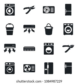 Set of vector isolated black icon - washer vector, bucket, pruner, air conditioner, fridge