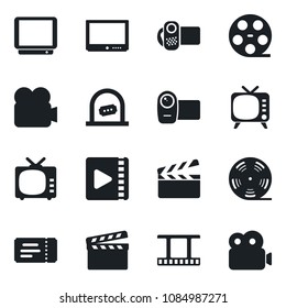 Set of vector isolated black icon - ticket vector, office, clapboard, film frame, reel, tv, video camera