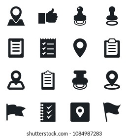 Set of vector isolated black icon - stamp vector, navigation, pin, clipboard, finger up, place tag, checklist, flag