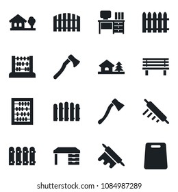 Set of vector isolated black icon - abacus vector, desk, fence, axe, bench, house with tree, rolling pin, cutting board